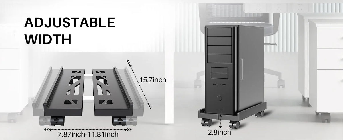 An adjustable width PC tower stand shown with side view, demonstrating its dimensions and use.