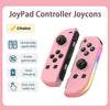 Pink Joypad controller pair with buttons and a charging port shown next to a checkmark list of features