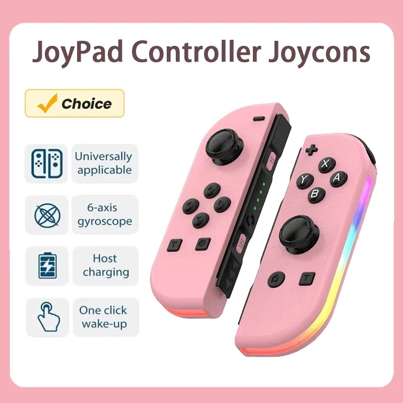 Pink Joypad controller pair with buttons and a charging port shown next to a checkmark list of features
