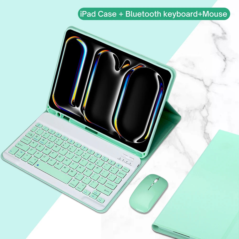 A light green iPad case is shown open, displaying a built-in Bluetooth keyboard and mouse setup.