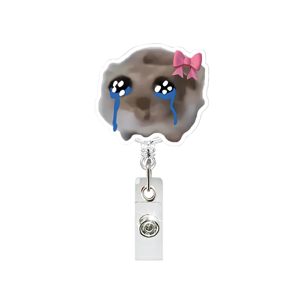Funny hamster acrylic badge reel featuring a face with blue tears and a pink bow