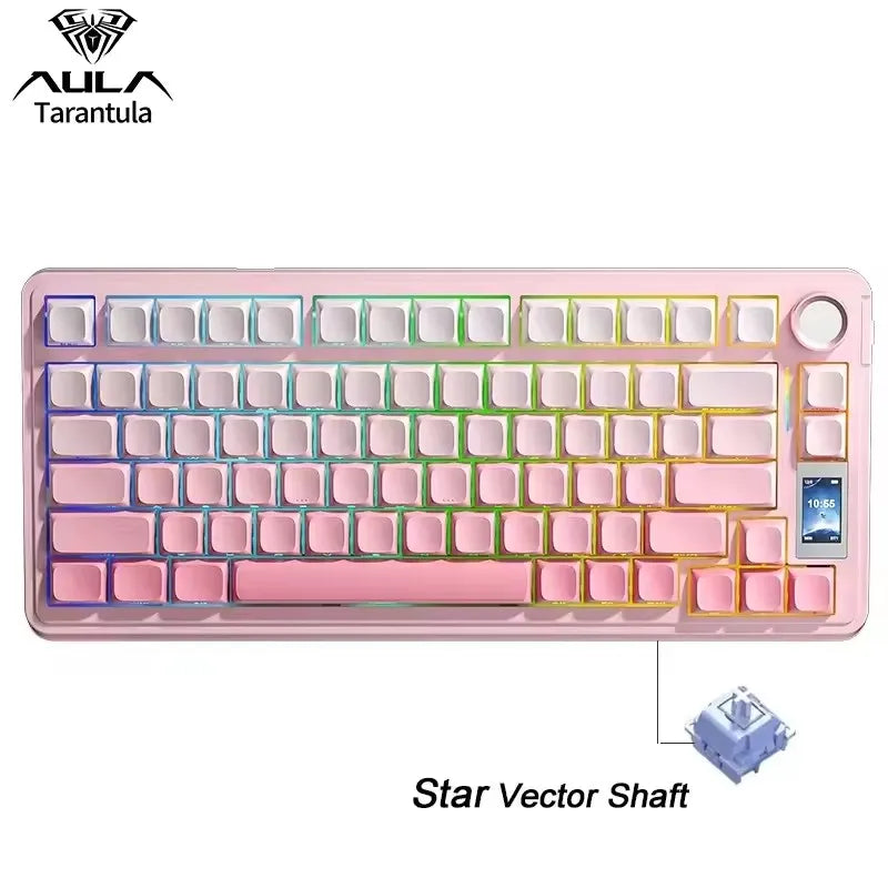 Pink AULA Tarantula mechanical gaming keyboard with a Star Vector Shaft and LED screen