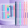 A set of push-button mechanical pencils in various colors and sizes with refills and erasers displayed in a clear case.