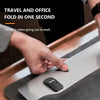 A hand is folding a portable laptop stand in one second on a wooden surface.