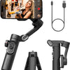 A black 3-axis handheld gimbal stabilizer for smartphone showing various components and mounting options.