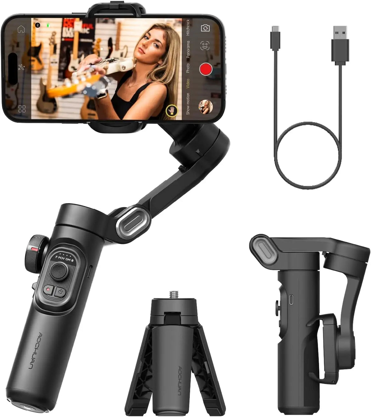 A black 3-axis handheld gimbal stabilizer for smartphone showing various components and mounting options.