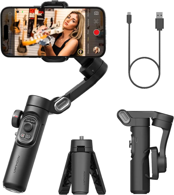 A black 3-axis handheld gimbal stabilizer for smartphone showing various components and mounting options.