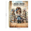 A monthly planner cover featuring a girl with flowers and stacked books for the 2026-2030 planning period.