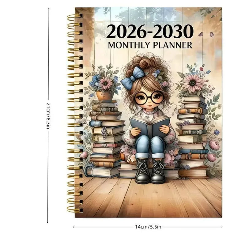 A monthly planner cover featuring a girl with flowers and stacked books for the 2026-2030 planning period.