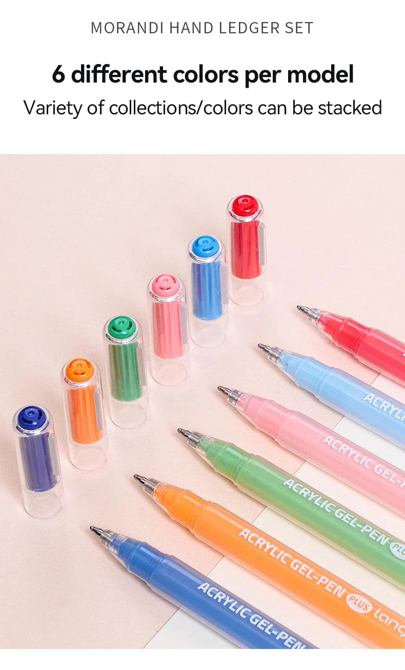 A collection of Morandi hand ledger sets featuring six different colors of acrylic gel pens in various shades and packaging.
