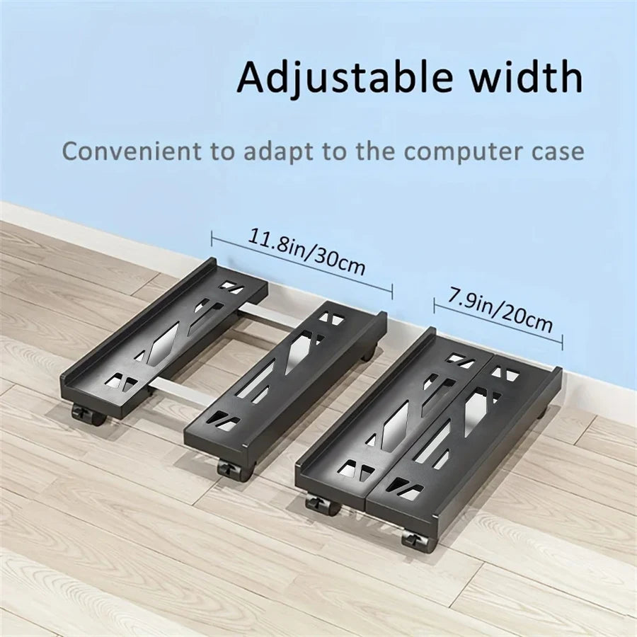 A set of adjustable mobile CPU stands with caster wheels shown on a wooden floor.