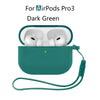 Dark green AirPods Pro 3 case with silicone protective cover and attached lanyard.