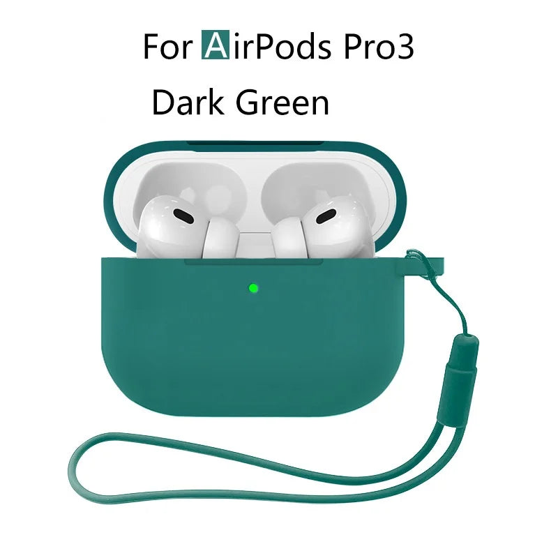 Dark green AirPods Pro 3 case with silicone protective cover and attached lanyard.