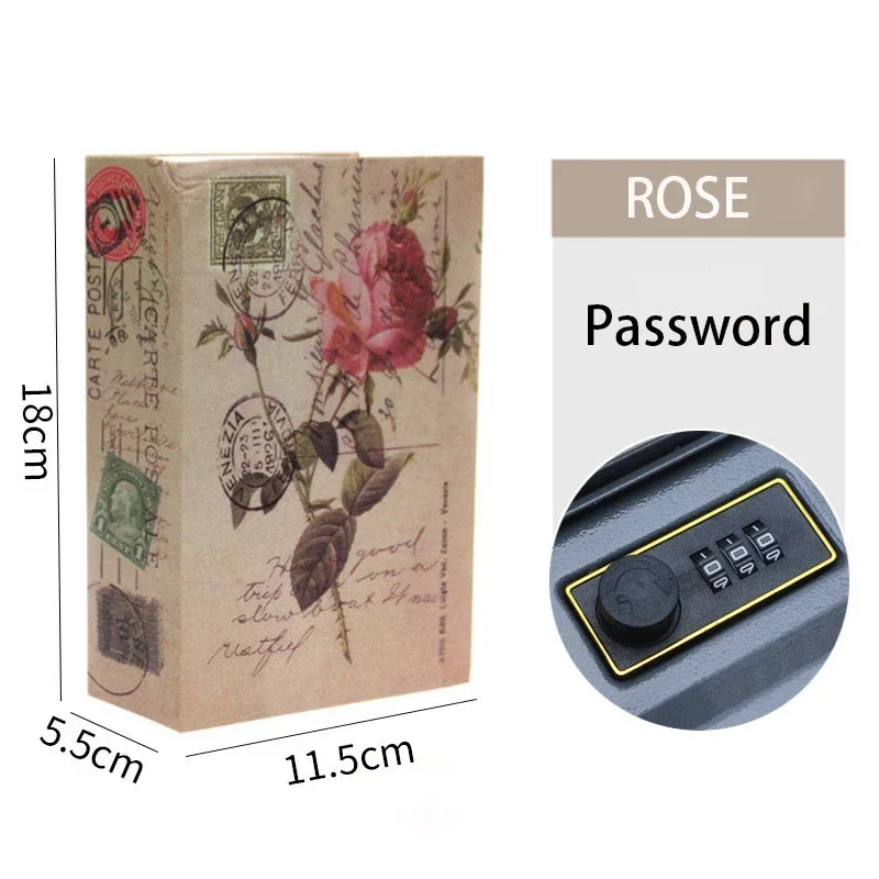 A cardboard box labeled ROSE with a password and an image of a combination key lock safe box.