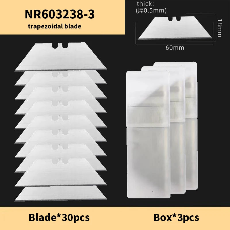 Un juego de 30 cuchillas trapezoidales de utilidad empaquetadas en una caja para manualidades y bricolaje