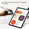 A hand holds a light blue stylus pen near a tablet screen, demonstrating its use for protecting the screen from fingerprints 