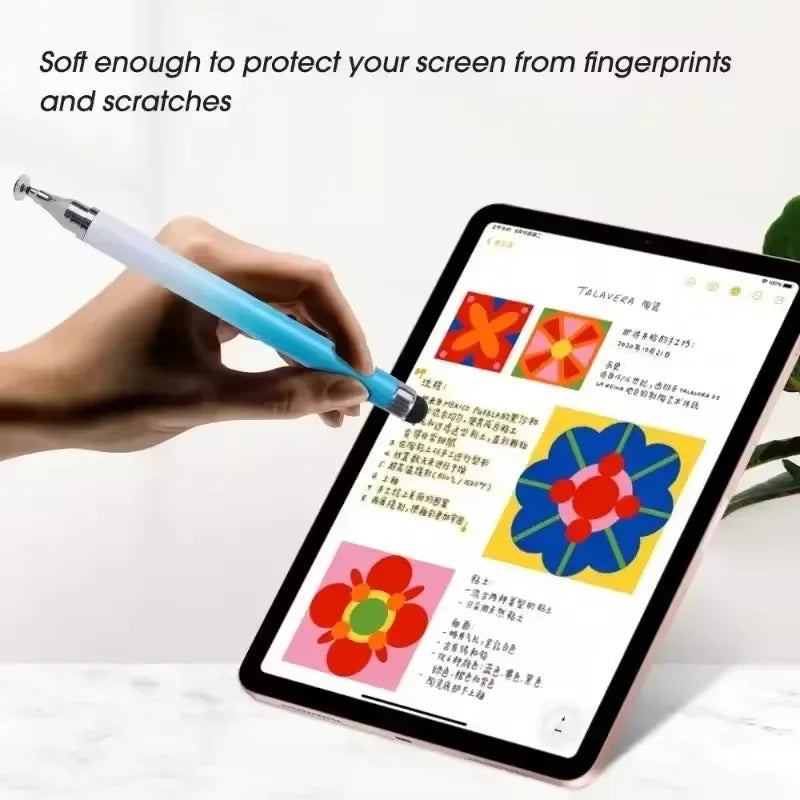 A hand holds a light blue stylus pen near a tablet screen, demonstrating its use for protecting the screen from fingerprints 