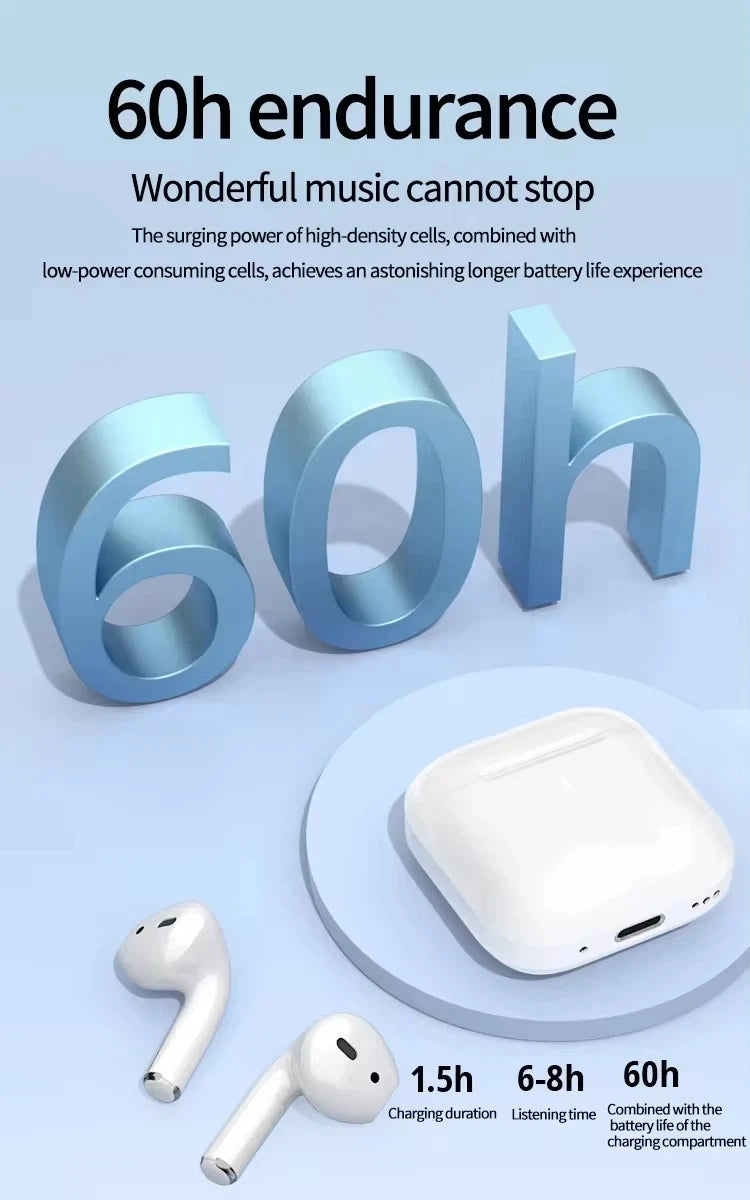 White True Buds 5 wireless earphones shown next to a graphic illustrating 60 hours of endurance.