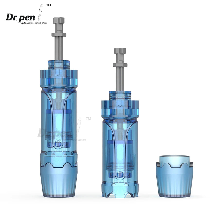 A set of Dr. pen microneedling cartridges in various sizes and a glass-like applicator tip.