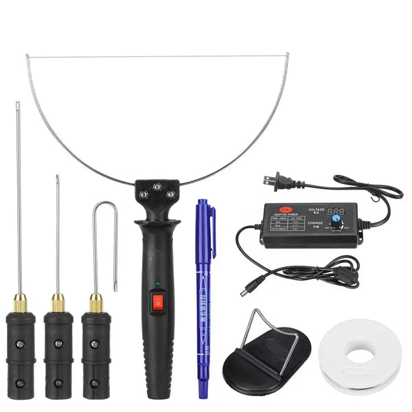 A set of 3 electric foam cutting tools including a wire, a foam cutter, and an electric box with a cord.
