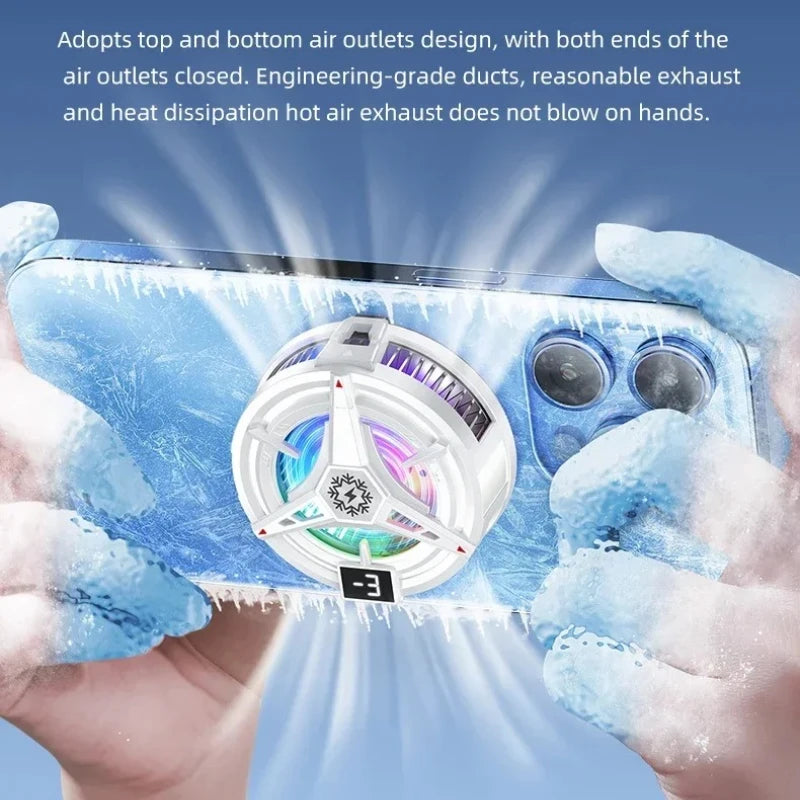 A hand holds a smartphone with a magnetic cooler attached, showing an airflow design and ice effect.