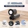 A rechargeable battery pack for a portable handheld mini fan with cold compress, shown next to charging options.