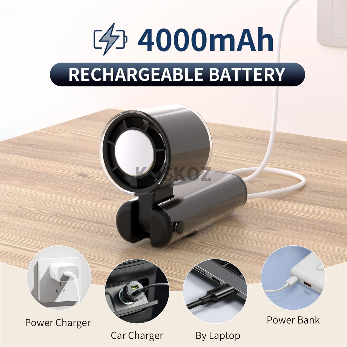 A rechargeable battery pack for a portable handheld mini fan with cold compress, shown next to charging options.