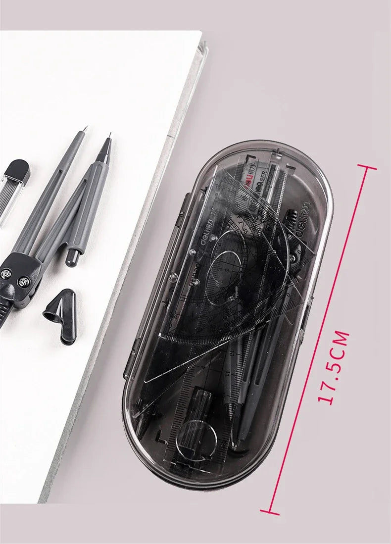 A set of professional drafting tools including pens and rulers displayed in a clear plastic case.