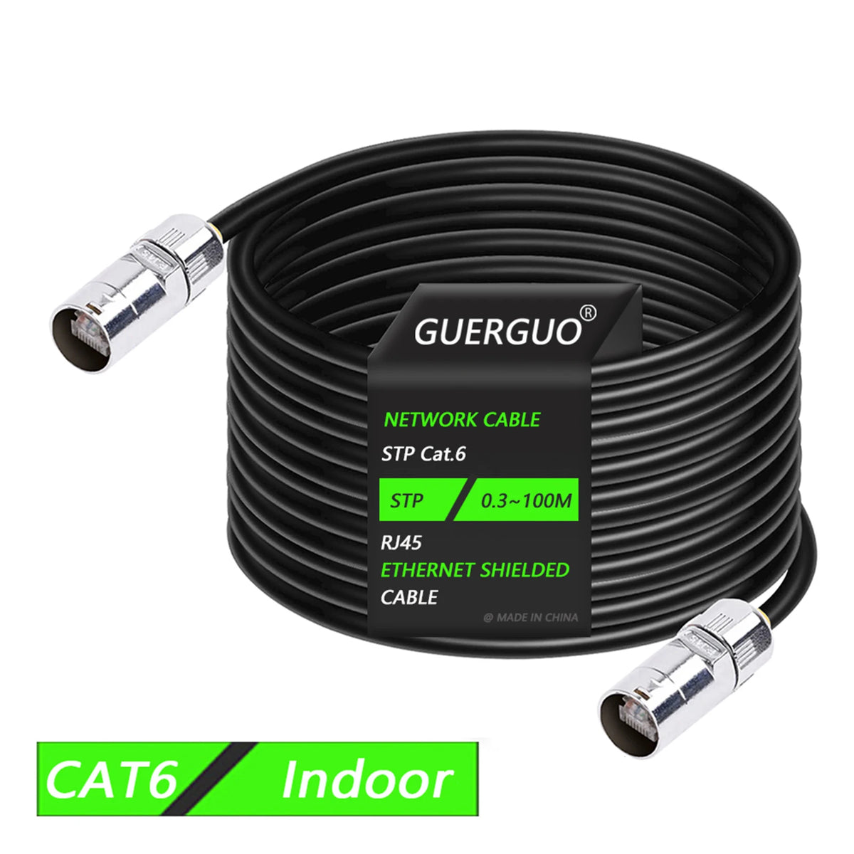 Black shielded CAT6 network cable coiled and terminated with connectors