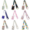 A collection of colorful lanyards and ID badge holders featuring rainbow designs for autism awareness.
