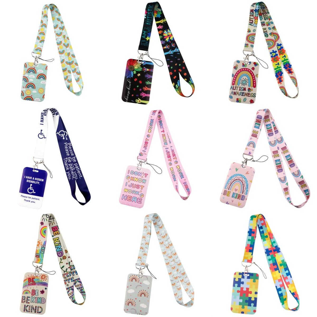 A collection of colorful lanyards and ID badge holders featuring rainbow designs for autism awareness.