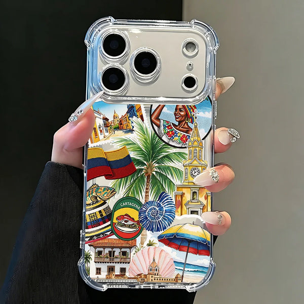 A hand holds a clear anti-fall silicone phone case featuring colorful illustrations of Cartagena, Colombia.