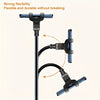 A flexible black adjustable phone and tablet stand with multiple clamping arms for desktop use.
