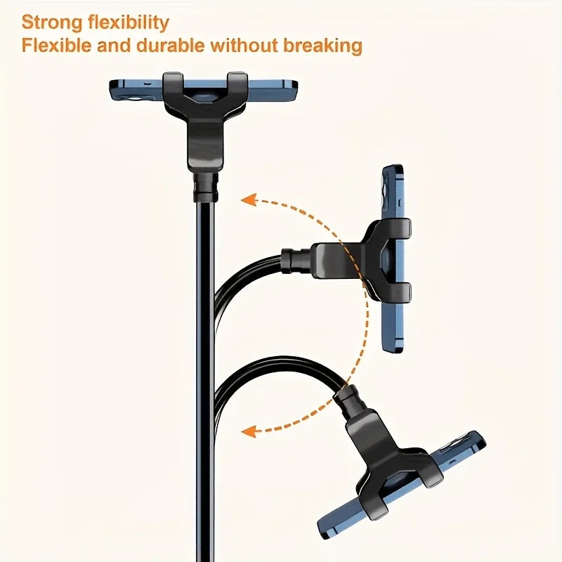 A flexible black adjustable phone and tablet stand with multiple clamping arms for desktop use.