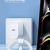 A white 30W fast charger with a cord is shown next to a smartphone, demonstrating its use.
