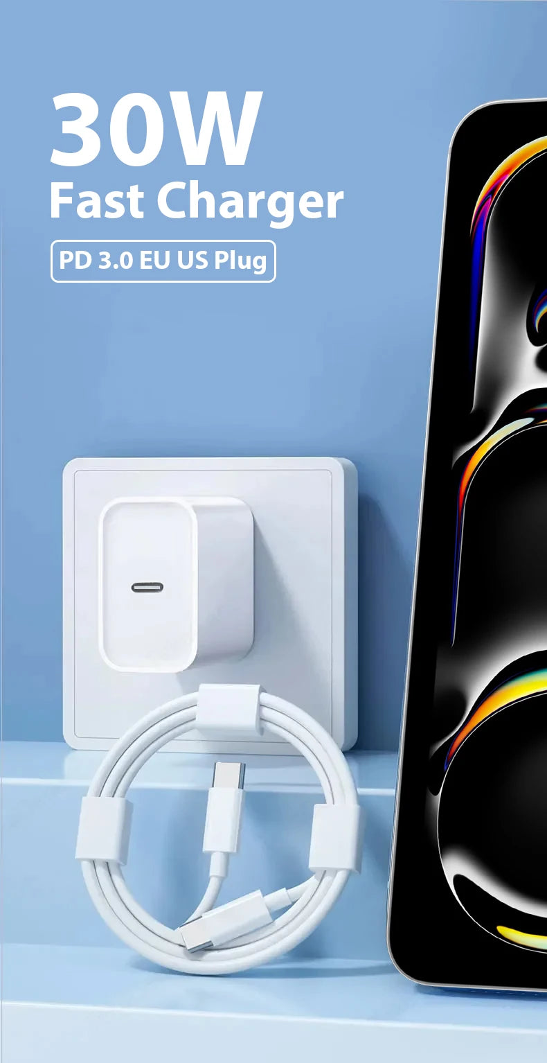 A white 30W fast charger with a cord is shown next to a smartphone, demonstrating its use.