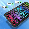 A close-up view of a black Bluetooth keyboard with colorful keys and various function labels displayed on a tablet screen.