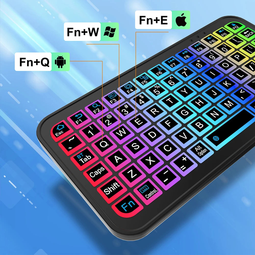 A close-up view of a black Bluetooth keyboard with colorful keys and various function labels displayed on a tablet screen.