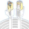A close-up view of a Cat8 40Gbps Ethernet patch cable connector and cable assembly.
