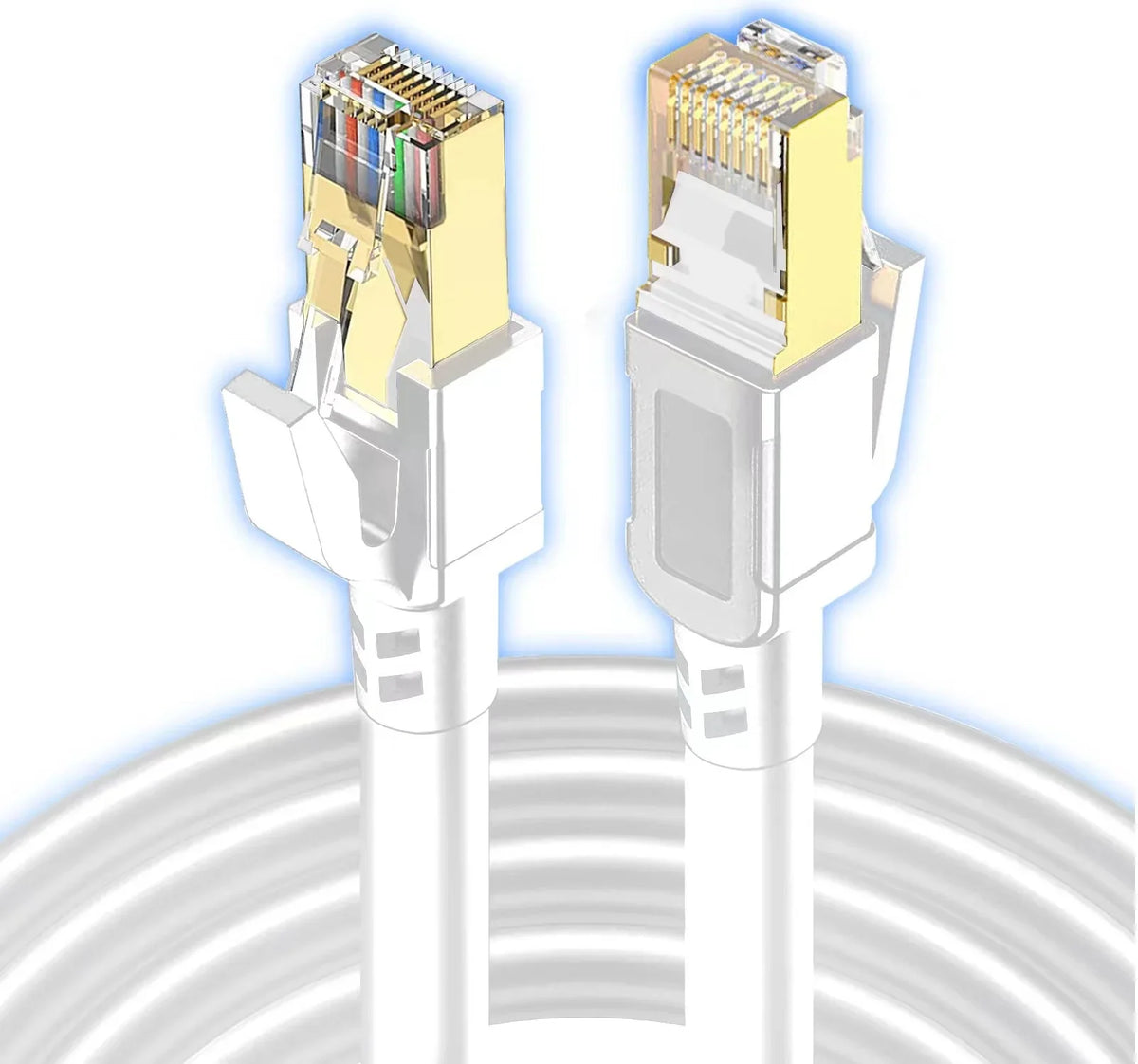 A close-up view of a Cat8 40Gbps Ethernet patch cable connector and cable assembly.