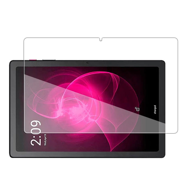 A black tablet screen with a vibrant pink and purple abstract design, protected by a clear tempered glass screen protector.
