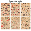 Six pieces of mix style Christmas wrapping paper featuring Santa, trees, and festive designs on kraft paper.