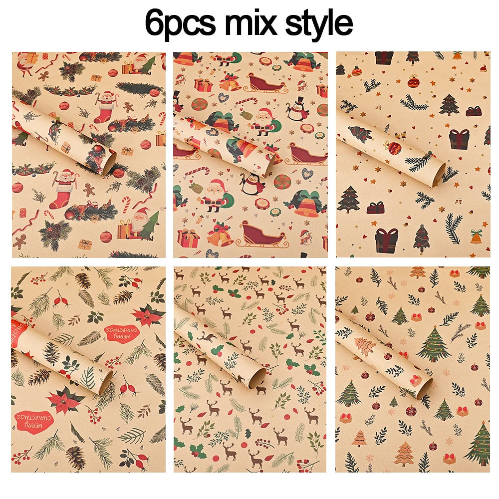 Six pieces of mix style Christmas wrapping paper featuring Santa, trees, and festive designs on kraft paper.