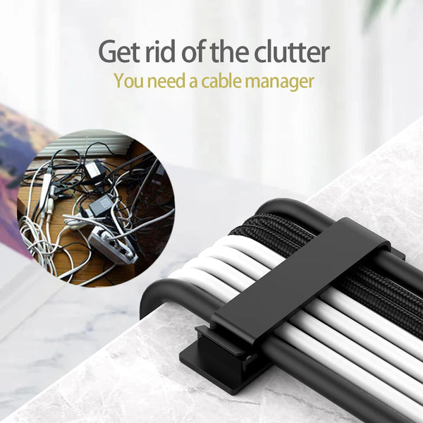A black cable organizer kit with multiple white cables neatly bundled and organized on a white surface.