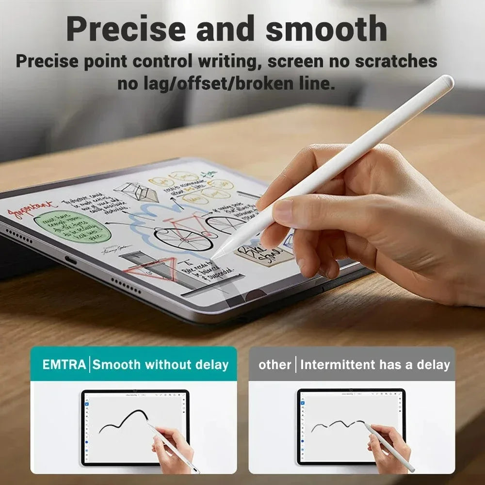 Eine Hand hält einen Stift, der auf einem iPad zeichnet, um präzise und fließende Linienführung für Zeichnungen und Notizen z
