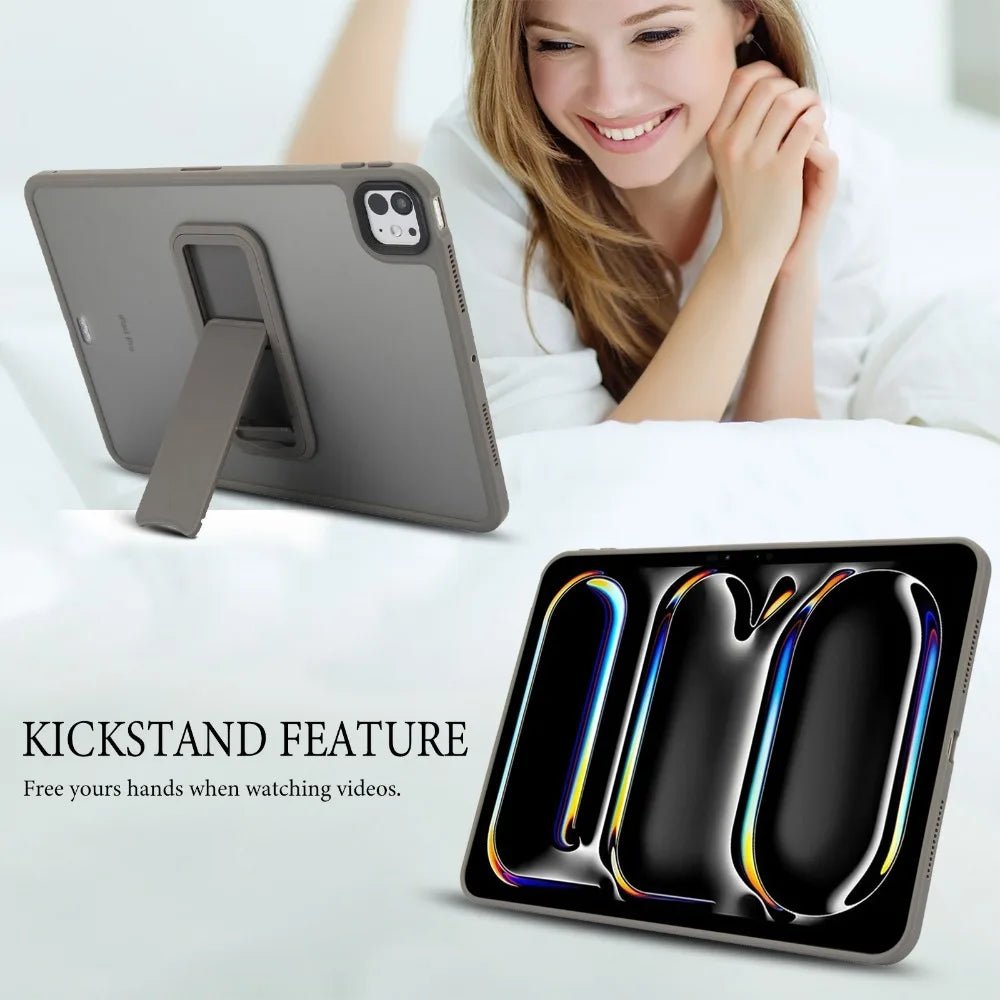 A matte protective case for an iPad Pro is shown with a kickstand feature, demonstrating hands-free viewing.