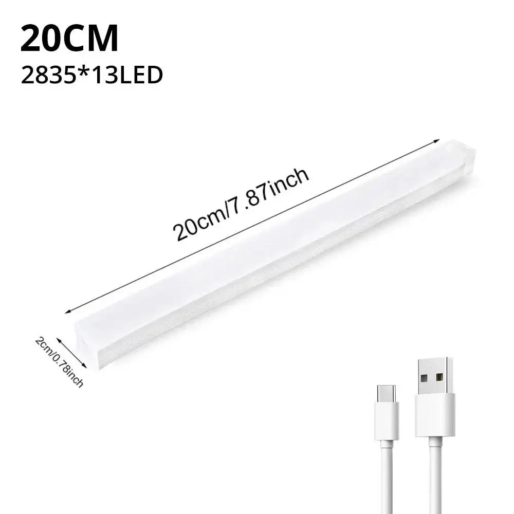 A white LED light bar with a motion sensor and USB connector, measuring 20cm long.