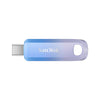 A light blue SanDisk flash drive with a silver connector and a circular opening.