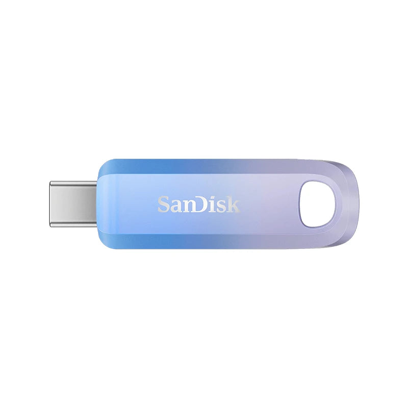 A light blue SanDisk flash drive with a silver connector and a circular opening.