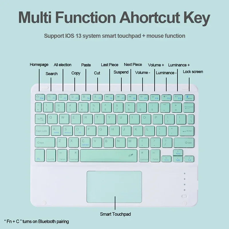 A white multi function shortcut key keyboard with a built-in smart touchpad and a small diagram showing Bluetooth pairing.